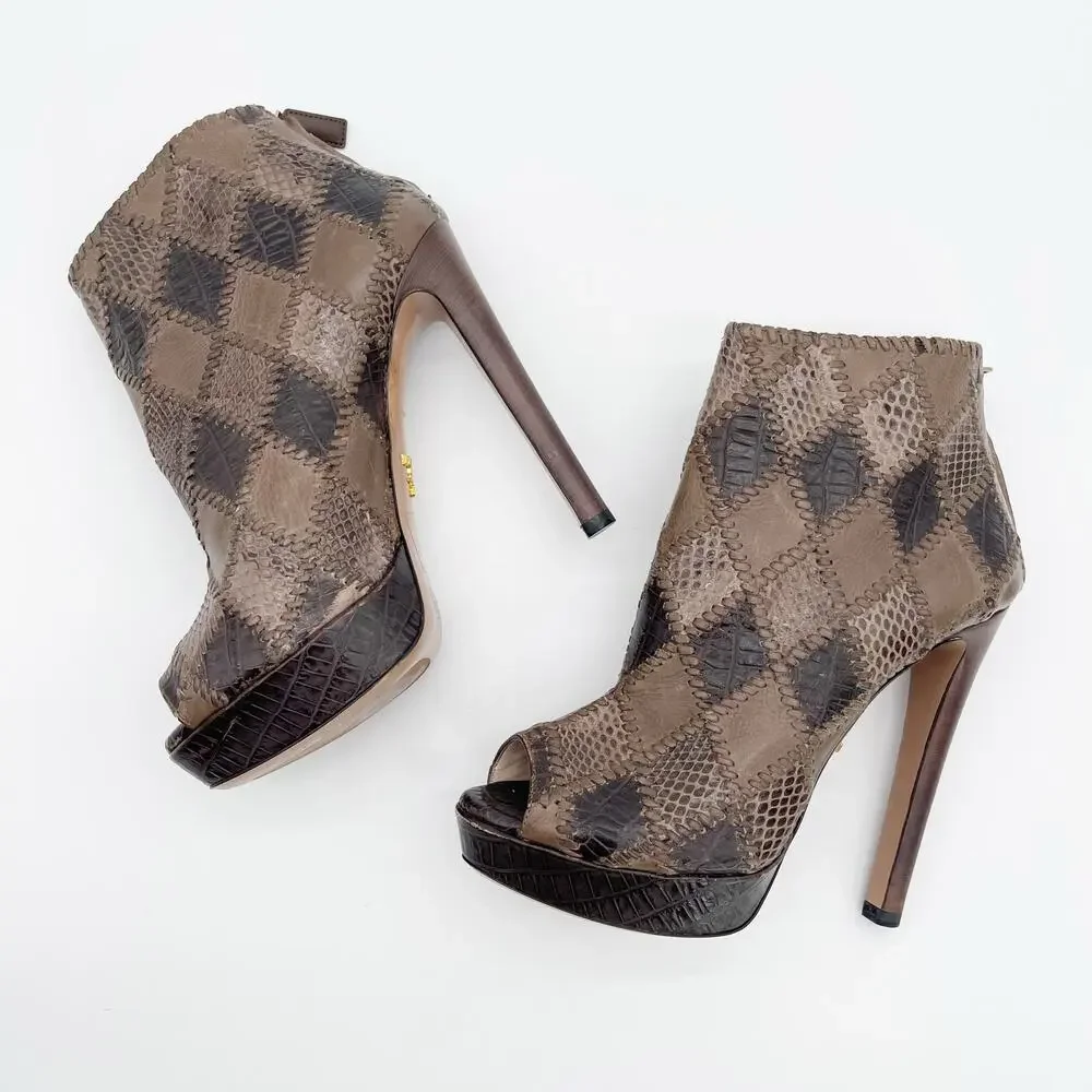 Prada Taupe Brown Mixed Croc Snakeskin Embossed Patchwork Peep Toe Booties IT 38